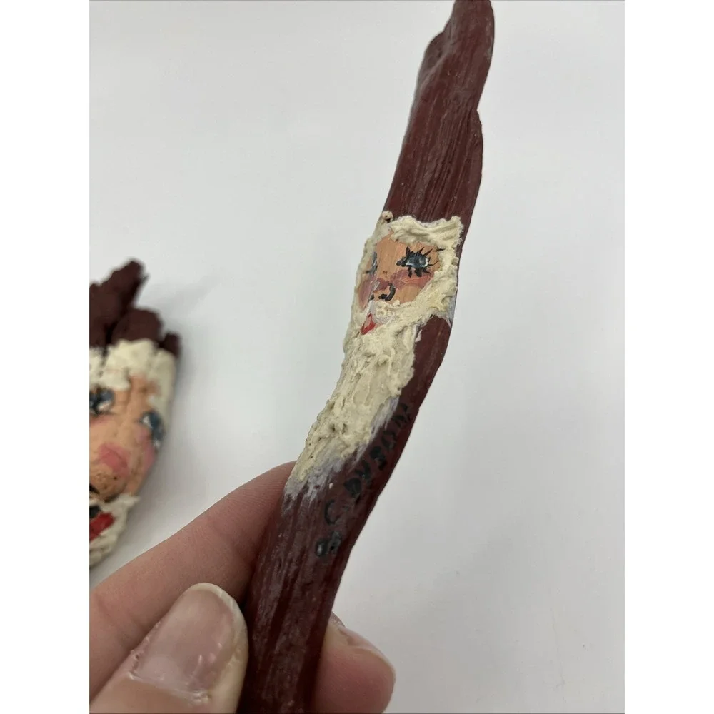 3 Hand Painted Santa Claus on bark Artist Signed C. Dyson 1990s Red Folk Art